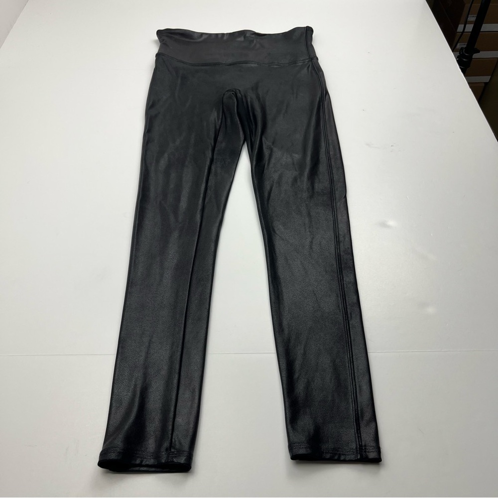 SPANX Black Faux‎ Leather Black Leggings Womens Size Medium Petite Pull-On *FLAW